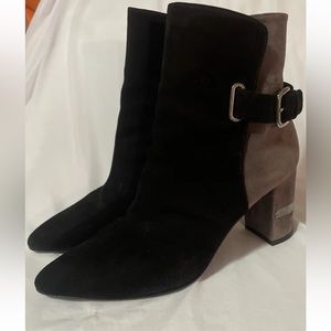 Stuart Weitzman Imback Ankle Boots Black Grey Suede Block Heel Sz 8